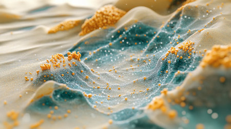 Experience the enchanting beauty of an abstract texture featuring blue and gold shimmering waves, perfect for artistic and creative projects.の素材