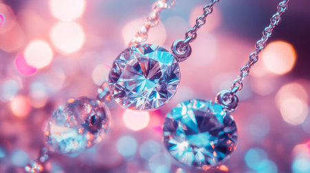 A stunning close-up of a sparkling diamond necklace against a colorful bokeh background. The captivating shine and elegance highlight luxury and beauty.の素材