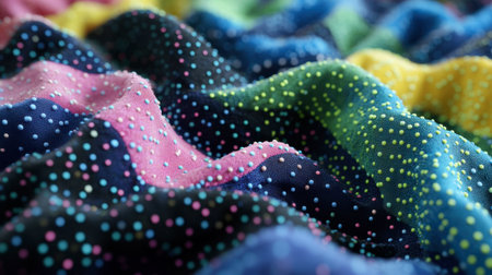 Close-up view of a colorful fabric featuring vibrant polka dots on a wavy texture, perfect for creative projects, backgrounds, and fashion designs.の素材