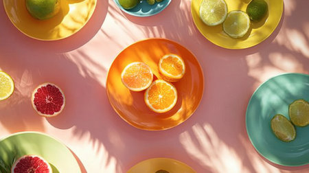 A vibrant arrangement of colorful citrus fruits on assorted plates. This fresh and bright display captures the essence of summer and healthy eating. Perfect for food-related themes.の素材