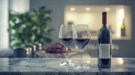 A sophisticated setting featuring two glasses of red wine next to a bottle, perfect for romantic dinners or social gatherings. Elegant marble table enhances the atmosphere.の素材