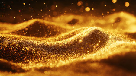 Captivating image of shimmering golden waves illuminated by sparkling particles, creating an enchanting and vibrant atmosphere ideal for various creative projects.の素材
