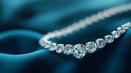 This image showcases an elegant diamond necklace resting on a luxurious fabric. The brilliant gems gleam beautifully against the smooth blue background, emphasizing sophistication.の素材