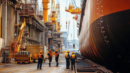 Workers in safety gear collaborate at a shipyard, overseeing the construction of a large vessel. The scene depicts the industrial environment and teamwork involved in shipbuilding processes.の素材