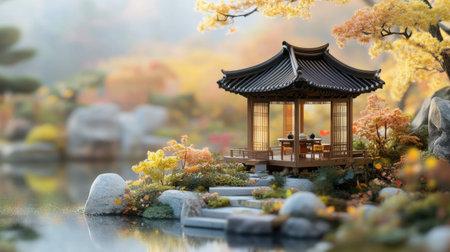 A serene garden pavilion sits gracefully by a tranquil body of water, surrounded by autumn colors and vibrant foliage, inviting relaxation and reflection.の素材