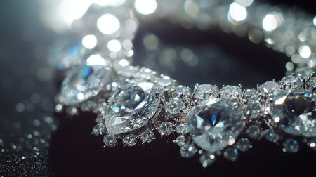 Close-up view of an exquisite diamond necklace, showcasing its sparkling brilliance and elegant design against a dark background, perfect for luxury themes.の素材