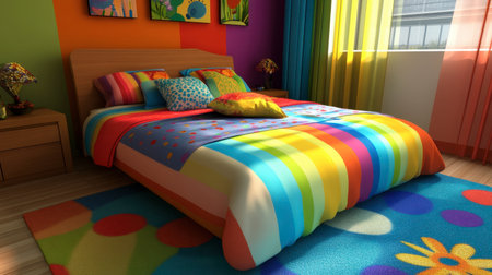 This vibrant bedroom features a colorful bedspread and playful decor, creating a cheerful and inviting atmosphere perfect for relaxation and creativity.の素材