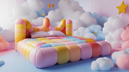A vibrant bed in pastel colors set against a dreamy backdrop of fluffy clouds and stars, perfect for a whimsical bedroom design that inspires creativity.の素材