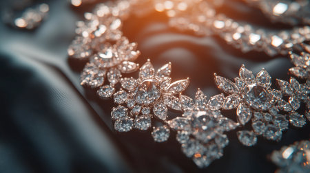 Close-up view of an elegant jewelry piece featuring sparkling diamonds on a dark fabric background. Perfect for fashion and luxury themes.の素材