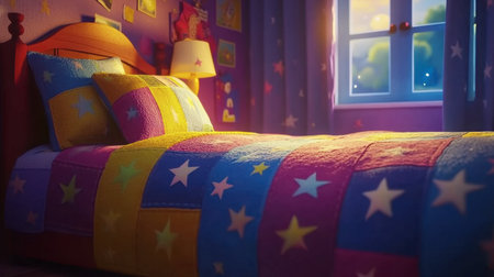 A cozy bedroom featuring a colorful star quilt and soft lighting. This vibrant setting creates a warm and inviting atmosphere, ideal for relaxation.の素材