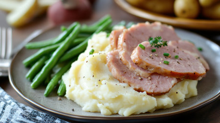 A delicious plate featuring savory ham slices over creamy mashed potatoes, paired with fresh green beans. Perfect for a comforting home-cooked meal.の素材