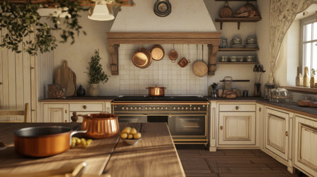 A cozy rustic kitchen featuring rich copper cookware and warm lighting, perfect for culinary inspiration and inviting home gatherings.の素材