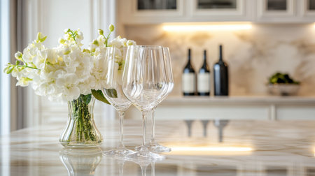 A stylish kitchen scene featuring a vase of white flowers and elegant glassware. Perfect for showcasing hospitality and modern decor ideas.の素材