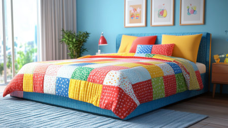 A bright and cheerful bedroom featuring a colorful patchwork quilt, vibrant cushions, and stylish decor. Ideal for home interior inspirations.の素材