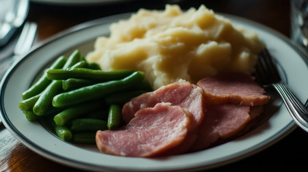 A home-cooked meal featuring succulent ham, creamy mashed potatoes, and fresh green beans. Perfect for a comforting dinner or family gathering.の素材