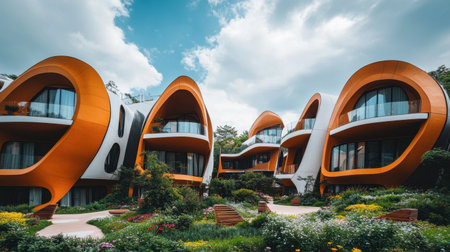 A stunning view of modern residential architecture featuring colorful, curved designs set in a vibrant garden landscape, perfect for showcasing innovation and style.の素材