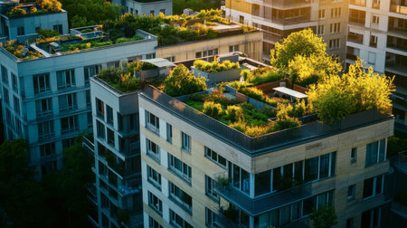 Stunning rooftop gardens transforming urban buildings into vibrant green spaces. Experience the blend of nature and modern architecture under soft daylight.の素材