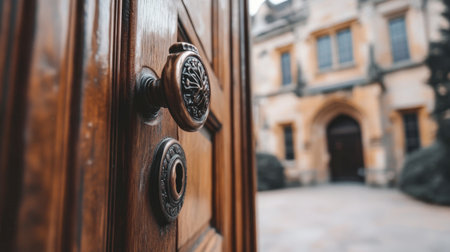A close-up of an elegant wooden door featuring a vintage knob, leading to a beautiful architectural building, combining history and craftsmanship.の素材