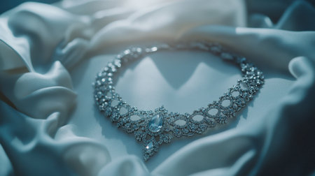 A stunning diamond necklace elegantly rests on soft silk, capturing the essence of luxury and beauty. Perfect for showcasing fashion or jewelry design.の素材