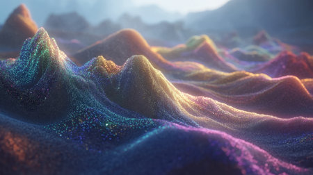 Explore a vibrant abstract landscape featuring shimmering textures and colorful waves, perfect for artistic projects and creative backgrounds.の素材