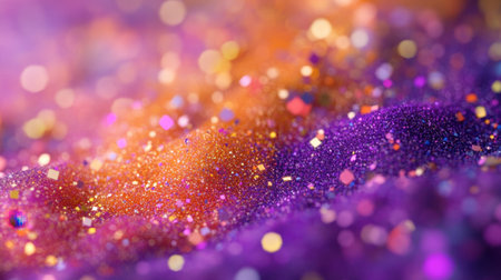 Vibrant abstract background featuring colorful glitter in shades of purple and orange, perfect for creative projects, invitations, or celebrations.の素材