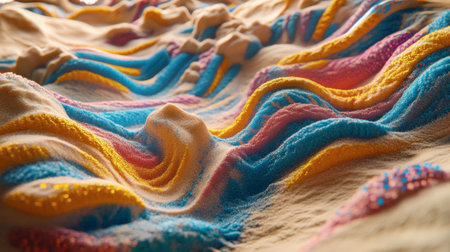 Explore the beauty of this colorful textured fabric showcasing wavy patterns. The vibrant colors and intricate details create an artistic, cozy surface perfect for various creative projects.の素材