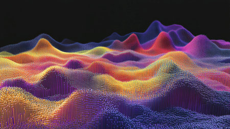 Explore a vibrant 3D visualization featuring colorful wave patterns that create a dynamic and visually striking abstract scene, perfect for creative projects.の素材