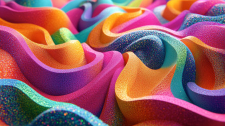 This vibrant abstract image features colorful waves with a shimmering texture, creating a playful and lively visual experience in a modern design.の素材