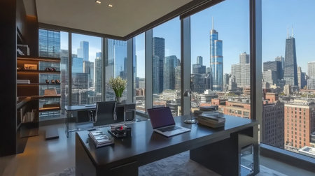 A modern office space featuring a sleek desk and large windows offering a stunning view of the city skyline. Perfect for business and productivity.の素材