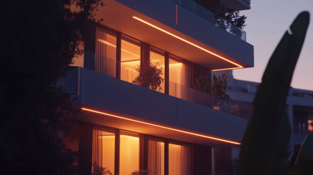 A contemporary apartment building exhibiting warm glowing lights at twilight, showcasing stylish architecture and peaceful outdoor spaces, perfect for urban living.の素材