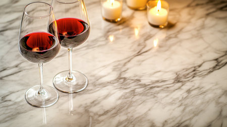 Two elegant glasses of red wine sit on a luxurious marble table with flickering candles in the background, creating a warm, intimate atmosphere for special moments.の素材