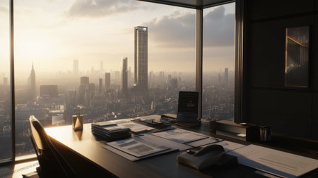 A serene modern office with a stunning city skyline view at sunset. The scene features a well-organized desk with paperwork and a relaxing atmosphere.の素材