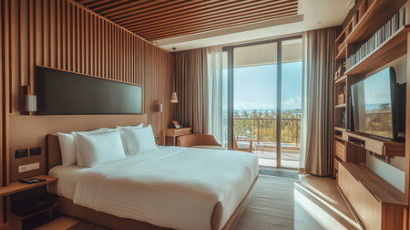 Explore a modern hotel room featuring a cozy design, large windows, and a scenic view, perfect for relaxation and an enjoyable stay. Enjoy luxury and comfort.の素材