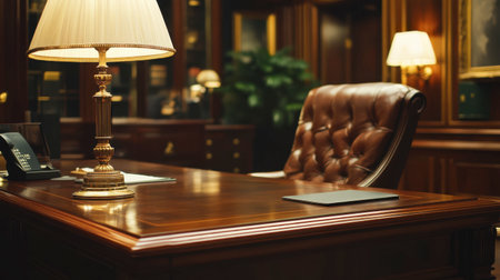 A classic office interior featuring an elegant wooden desk, leather chair, and stylish lamp, creating a warm and inviting professional space for productivity.の素材