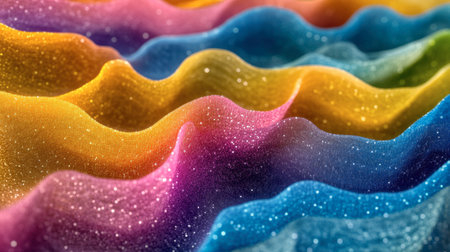 A stunning close-up of colorful waves featuring sparkling details. This vibrant abstract design showcases smooth textures and gradients, perfect for artistic backgrounds.の素材