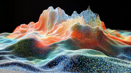 Vivid 3D representation of a colorful landscape, showcasing abstract mountains with a unique texture and vibrant hues. Ideal for digital art and design projects.の素材