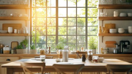 A cozy kitchen bathed in natural light from a large window, featuring stylish wooden decor, fresh greenery, and a warm inviting atmosphere perfect for cooking and gathering.の素材