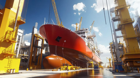 A large ship is under construction in a bustling shipyard, showcasing modern maritime technology, cranes, and vibrant colors against a bright sky.の素材