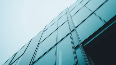 Captivating view of a modern glass building from below, showcasing sleek lines and reflections, perfect for architectural and urban themes.の素材