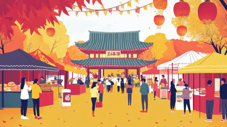 A lively autumn market scene featuring colorful stalls, lanterns, and people celebrating a cultural festival under vibrant fall foliage.の素材
