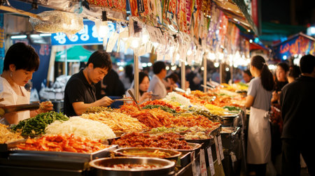 Explore a vibrant street market showcasing an array of fresh vegetables and spices. Experience the lively atmosphere filled with local culture and cuisine.の素材