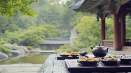 A serene outdoor tea setup captures the essence of tranquility in a lush garden. Enjoy the beauty of nature and traditional elements in this calming scene.の素材