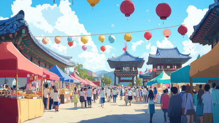Discover a lively market scene filled with colorful stalls, vibrant lanterns, and joyful crowds, capturing the essence of community and celebration.の素材