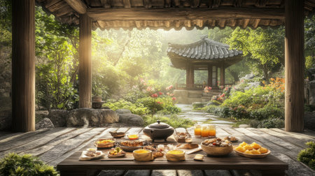 A peaceful garden scene featuring a beautifully arranged table with traditional cuisine. Sunlight filters through lush greenery, creating a serene atmosphere.の素材