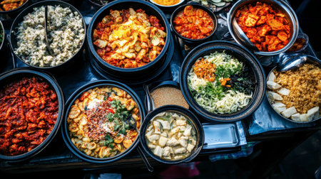 A vibrant assortment of traditional Asian dishes displayed in bowls, showcasing a variety of textures and flavors for an inviting dining experience.の素材