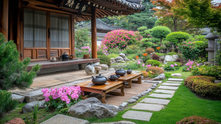 A tranquil Japanese garden featuring a cozy tea setup, blooming flowers, and a stone pathway. Perfect for relaxation and meditative moments.の素材
