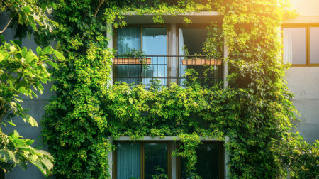 A vibrant building enveloped in lush greenery captures the essence of nature in urban life. Sunlight enhances the natural beauty and tranquility.の素材
