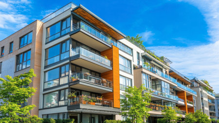 A stunning modern apartment building featuring sleek design, vibrant greenery, and a clear blue sky. Perfect for showcasing urban living and contemporary architecture.の素材