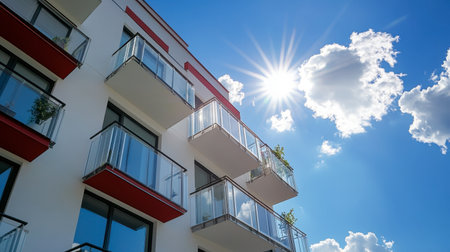A modern apartment building featuring stylish balconies, bathed in bright sunlight under a blue sky with fluffy clouds, captures a serene urban lifestyle.の素材