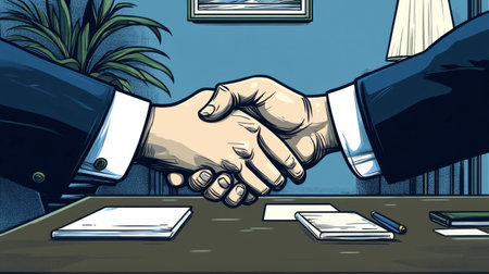 An illustration of a business handshake symbolizing partnership and collaboration. The office background enhances the professional atmosphere and trust between individuals.の素材